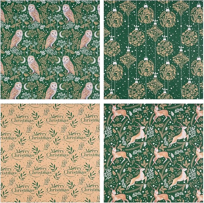 RUSPEPA Christmas Kraft Wrapping Paper - Owl, Reindeer, Christmas Ball and Text Design - 4 Rolls - 30 inches x 10 feet per Roll