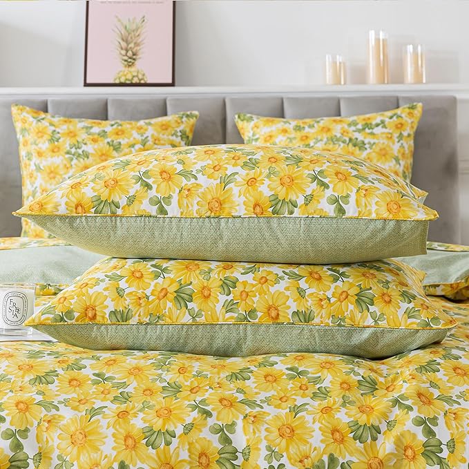 FADFAY Sunflower Duvet Cover Set Vintage Yellow Daisy Floral Bedding Shabby Botanical Comforter Cover Set 100% Cotton Ultra Soft Quilt Cover with Hidden Zipper Closure 3Pcs, King/California King Size