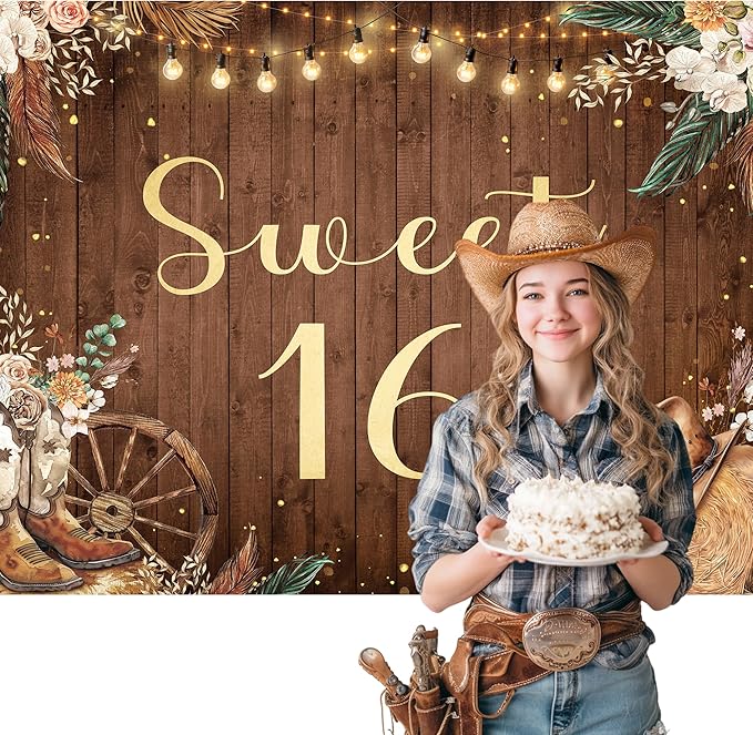SVBright Sweet 16 Backdrop 7Wx5H Western Cowgirl Retro Boho Pampas Grass Country Flower Floral West Rustic Wooden Boots Hat Farmhouse Decorations Photography Background Banner Photo Booth Studio