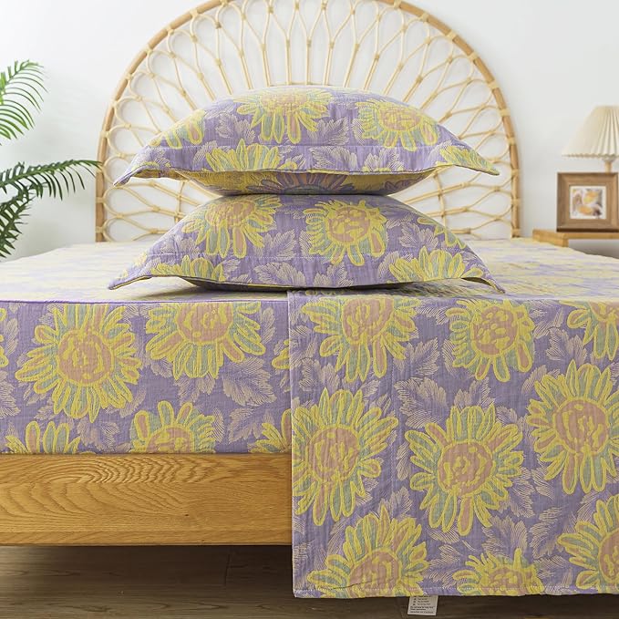 FADFAY Sunflower Sheets Set Queen Vintage Yellow Purple Floral Bedding Shabby Farmhouse Bedding Super Soft Washed Double -Layer Muslin Sheets 100% Cotton Deep Pocket Fitted Sheet 4Pcs, Queen Size
