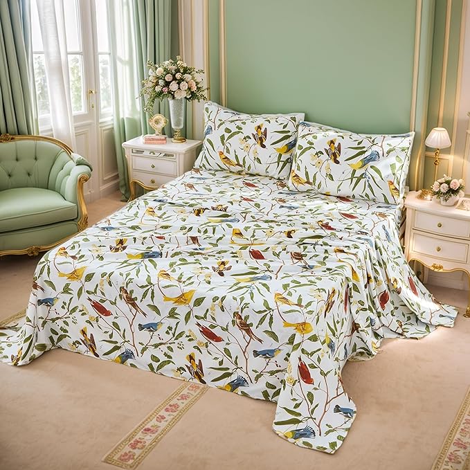 Brandream Eastern Floral Birds Chinoiserie Blossom Print Bed Sheet Set Luxury Bedding Collections 800TC 100% Egyptian Cotton Deep Pocket White Green Botanical Tree Branches Ornamental, 4Pc-Queen Size