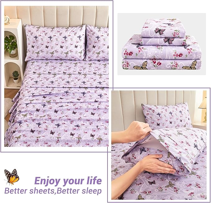 Paisley Floral Bed Sheets Queen Set, Purple Flower Printed Sheets for Queen Size Bed, Microfiber Fitted Sheet with 15" Deep Pocket and Corner Straps, Butterfly Patterned Sheet & Pillowcase Sets