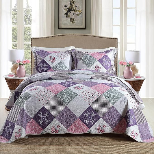 HoneiLife Quilt Set Twin Size - 2 Piece Microfiber Quilts Reversible Bedspreads Patchwork Coverlets Floral Bedding Set All Season Quilts with Geometric and Little Rose Print Pattern，Purple