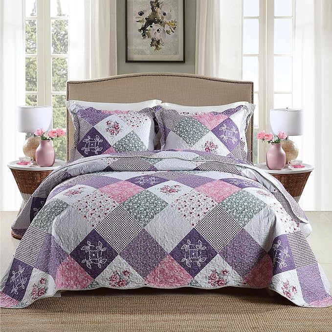 HoneiLife Quilt Set Queen Size - 3 Piece Microfiber Reversible Bedspreads Patchwork Coverlets Floral Bedding Set All Season Quilts with Geometric and Little Rose Print Pattern