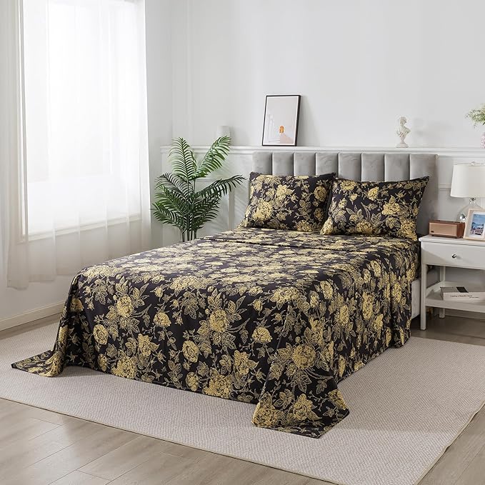 FADFAY Rose Sheets Set Queen Vintage Black Gold Floral Bedding Shabby Peony Botanical Sheets Luxury Farmhouse Bedding 800 Thread Count 100% Egyptian Cotton Deep Pocket Fitted Sheet 4Pcs, Queen Size