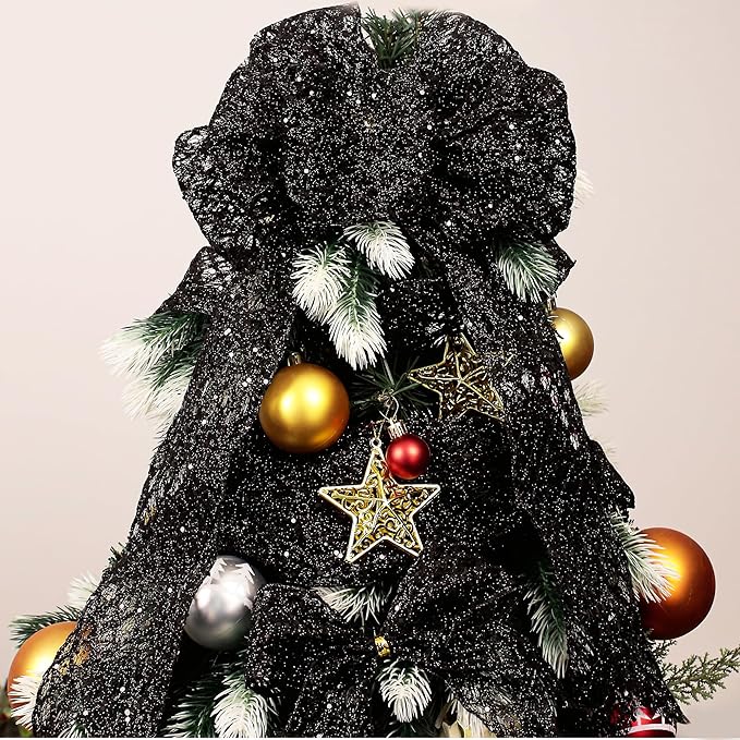 VATIN 2-1/2" Black Christmas Ribbon, Black Glitter Mesh Diamond Web Sequin Dots Wired Christmas Ribbon for Gift Wrapping Bow Making Wreath Supply-10 Yards
