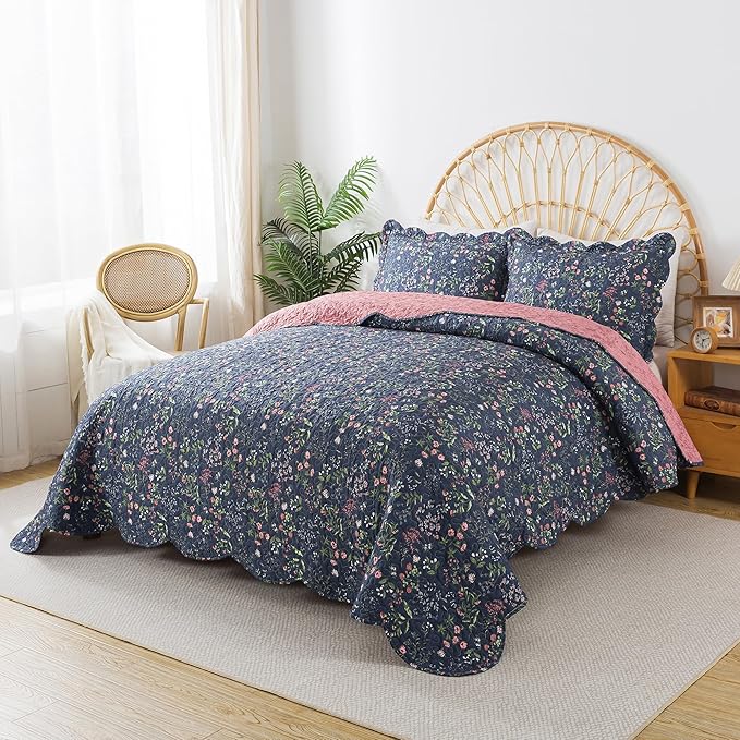 HoneiLife Floral Quilts King Size - Microfiber Coverlets 3-Piece,Lightweight Bed Cover King Quilt Bedding Set All Season Quilts-Flower Sea