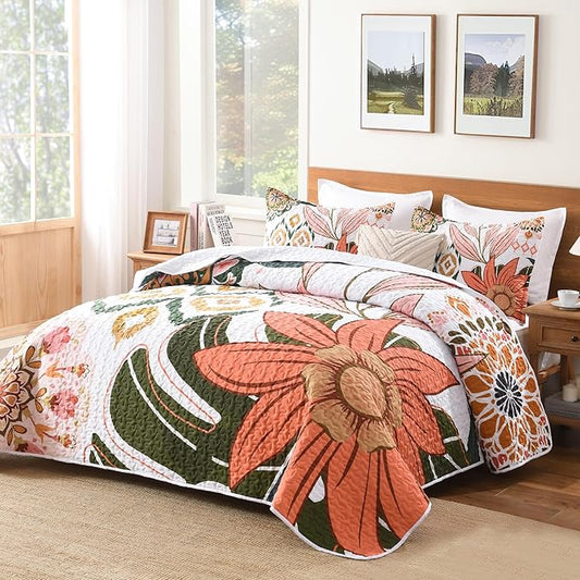 Andency Floral Boho Queen Quilt Bedding Set Pink, 3 Pieces Farmhouse Flower Botanical Summer Bedspreads with 2 Shams, Soft Reversible Lightweight Microfiber Coverlet Set for All Season, 90"x96"