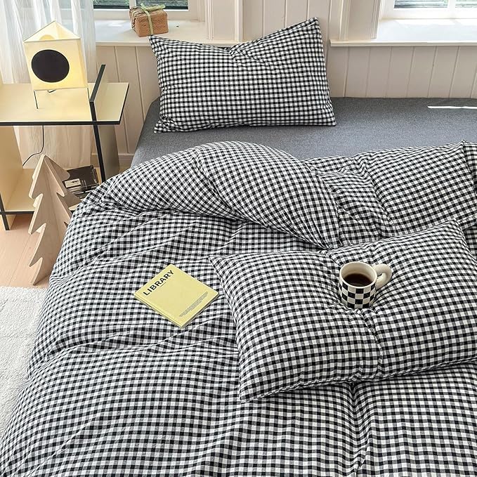 LifeTB Queen Comforter Set Black Gingham Comforter Modern Style Checkered Pattern Comforter Set Boho Grid Plaid Bedding Comforter Fluffy Soft Lightweight Grid Bedding Set Queen Size for All Season