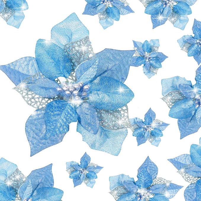 WILLBOND 36 Pieces Christmas Poinsettia Glitter Faux Flowers Christmas Artificial Flowers Tree Ornaments Topper Xmas Decorations(Blue)