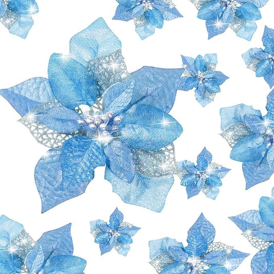 WILLBOND 36 Pieces Christmas Poinsettia Glitter Faux Flowers Christmas Artificial Flowers Tree Ornaments Topper Xmas Decorations(Blue)