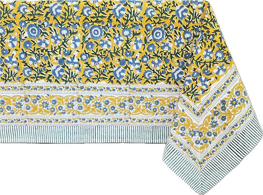 ATOSII Marigold Blue Yellow 100% Cotton Fall Tablecloth, Handblock Print Rectangle Table Cover for Kitchen Dining Linen I Parties, Weddings, Outdoors, Easter Table Decor 60 X 108 Inches I 8 Seater