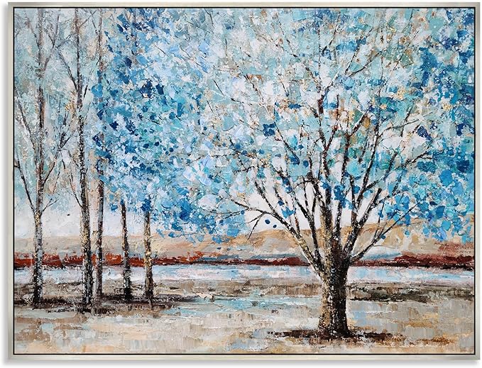 Yihui Arts Blue Tree Canvas Wall Art - Hand Painted Textured Abstract Forest Landscape Modern Artwork with Gold Foil Framed for Living Room, Bedroom, and Bathroom Decor