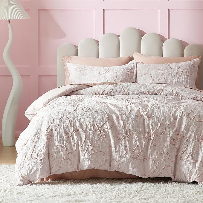 Bedsure Pink Duvet Cover King Size with Bowknot Jacquard Design, Soft and Elegant Boho Bedding Set, Luxurious Craftsmanship for a Stylish Bedroom,Includes 1 104"x90" Duvet Cover & 2 Pillow Shams