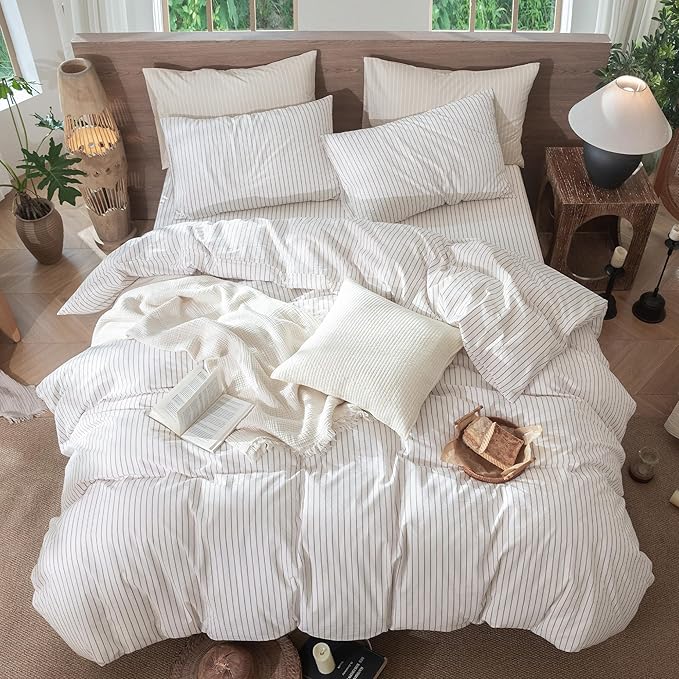 MooMee Striped Duvet Cover Set 100% Washed Cotton Linen Like Textured Breathable Durable Soft Comfy (White Orange Wide Stripes, Super Queen 90"x98")