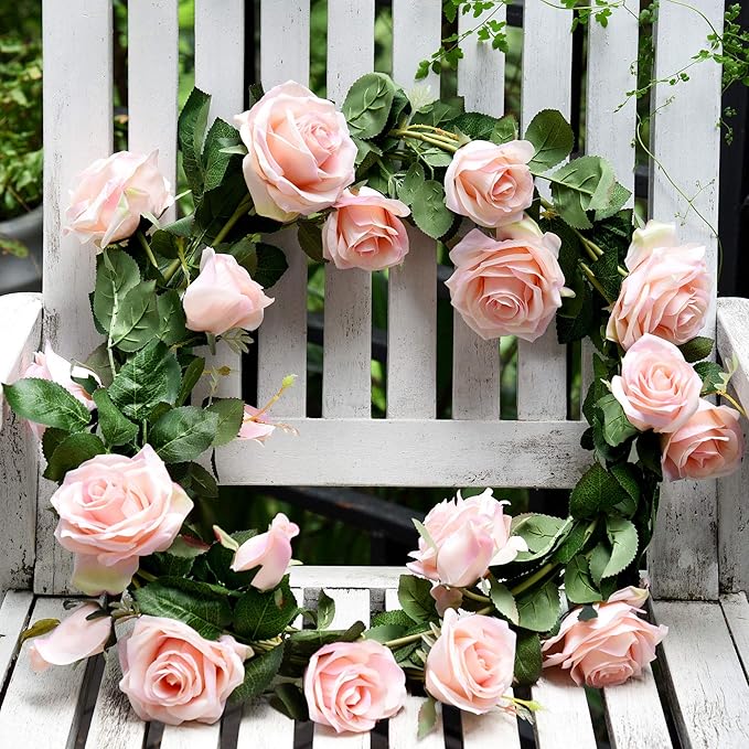 FiveSeasonStuff Dreamy Pink Artificial Silk Roses Flower Garland, Bendable Hanging Vines (2pcs, 11ft)