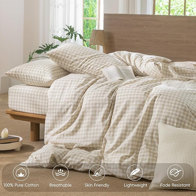 MooMee Gingham Duvet Cover Set 100% Washed Cotton Linen Like Textured Breathable Durable Soft Comfy Modern Checkered Design (Almond Milk Grey Gingham, Super King 108"x98")