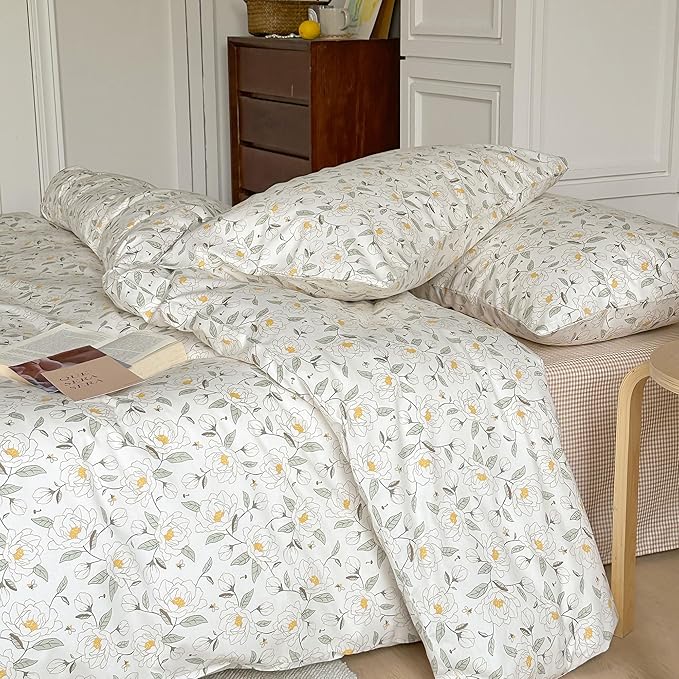 AOJIM Exquisite Floral Print Duvet Cover Set for Kids Adults, Soft Pure Cotton Comforter Cover Set 3pcs, 1 Comfy Breathable Quilt Cover Twin Size and 2 Matching Pillowcases for Room Decor, No Quilt