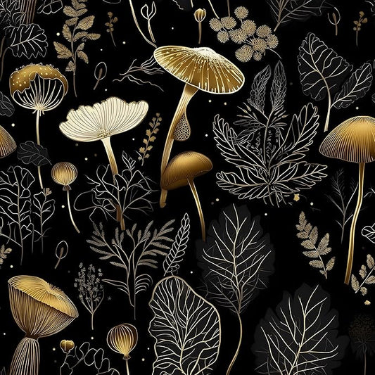 Boho Wallpaper Peel and Stick Dark Floral Contact Paper 17.5" x 393" Vinyl Self Adhesive Vintage Mushrooms Wall Mural Leaf Wall Paper for Room Countertop Drawer Decor(Golden,Black)