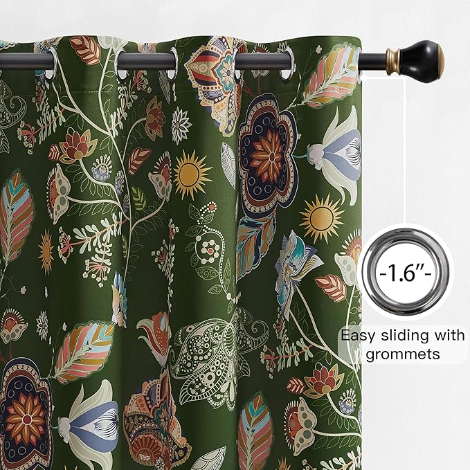 XiDi Green Floral Curtains 63 Inches Long 2 Panels Vintage Patterned Blackout Curtains for Bedroom Living Room Thermal Insulated Grommet Luxury Cottage Core Botanical Printed Drapes Moss Green 52x63