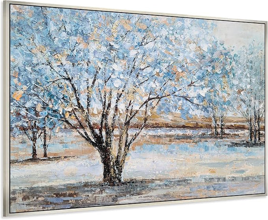 Yihui Arts Tree Canvas Wall Art - Hand Painted Textured Blue and Gold Foil Abstract Forest Landscape Modern Artwork for Living Room, Bedroom, and More