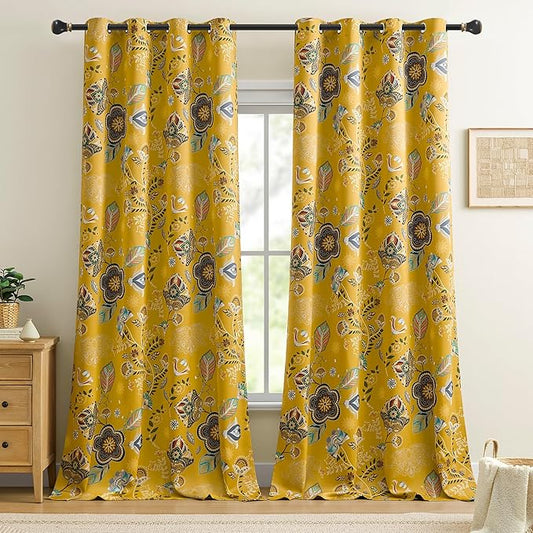 XiDi Mustard Yellow Blackout Curtains 96 Inches Long 2 Panels for Bedroom Vintage Floral Patterned Curtains Botanical Luxury Modern Living Room Dining Room Darkening Privacy Grommet Drapes 52x96 8ft