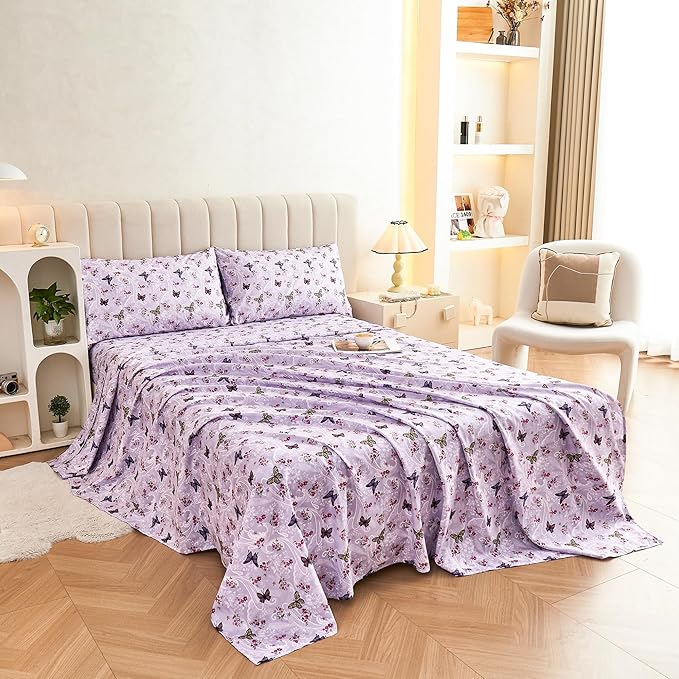 Paisley Floral Bed Sheets Queen Set, Purple Flower Printed Sheets for Queen Size Bed, Microfiber Fitted Sheet with 15" Deep Pocket and Corner Straps, Butterfly Patterned Sheet & Pillowcase Sets