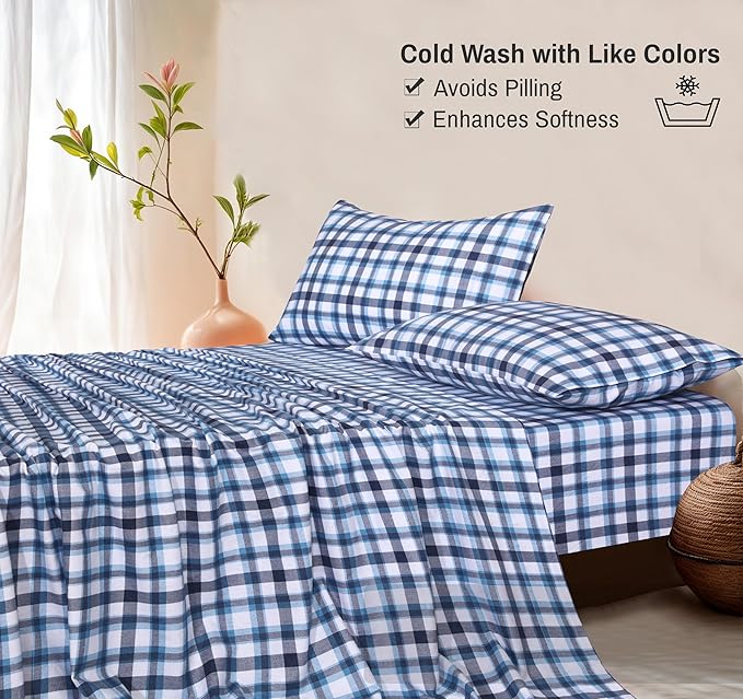 RUVANTI Flannel Sheets Twin XL Size - 100% Cotton Double Brushed Twin XL Sheet Sets, Deep Pockets 16 Inches, All Seasons Breathable & Extra Soft Bed Sheets, Warm & Cozy, 3 Piece, Gingham Addition