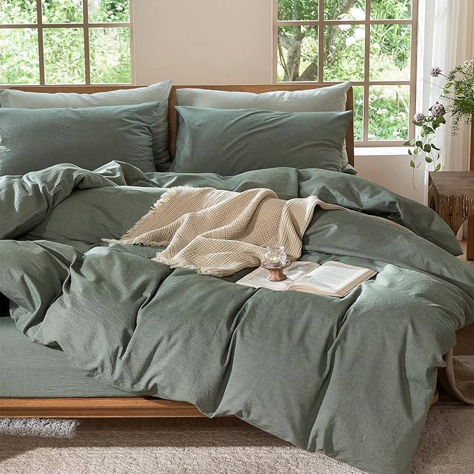 MooMee Bedding Duvet Cover Set 100% Washed Cotton Linen Like Textured Breathable Durable Soft Comfy (Heathered Green, Cal King 104"x98")