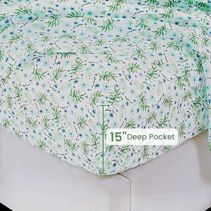 Softan Green Floral Full Sheet Set, Cozy Botanical Microfiber Printed Fitted Bed Sheet with 15" Deep Pockets & Non-Slip Straps, Fresh Greenery Blooms Patterned Sheets & Pillowcase Set