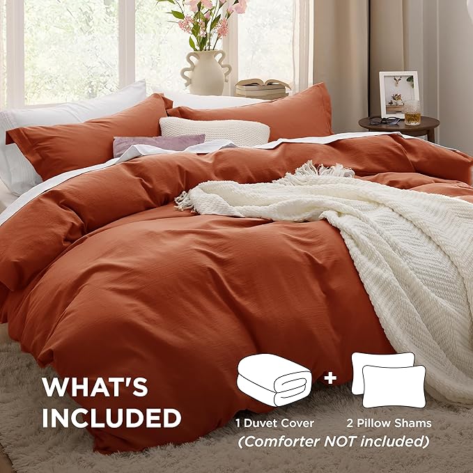 Bedsure Terracotta Duvet Cover Queen Size - 3 Pieces Prewashed Cotton-Like Extra Soft Bedding Set, Includes 1 Duvet Cover 90x90 Inches with Zipper Closure & 2 Pillow Shams, Comforter Not Included