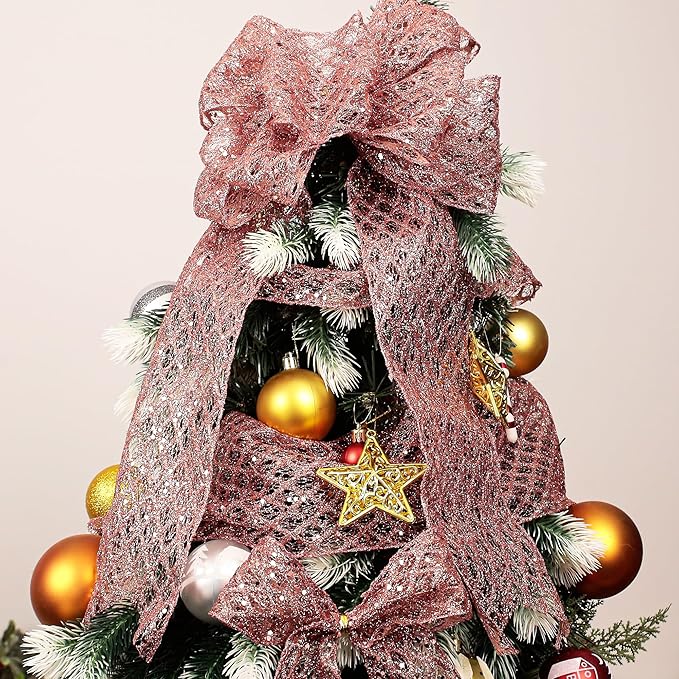VATIN 4" Rose Gold Christmas Ribbon, Rose Gold Glitter Mesh Diamond Web Sequin Dots Wired Christmas Ribbon for Gift Wrapping Bow Making Wreath Supply-10 Yards