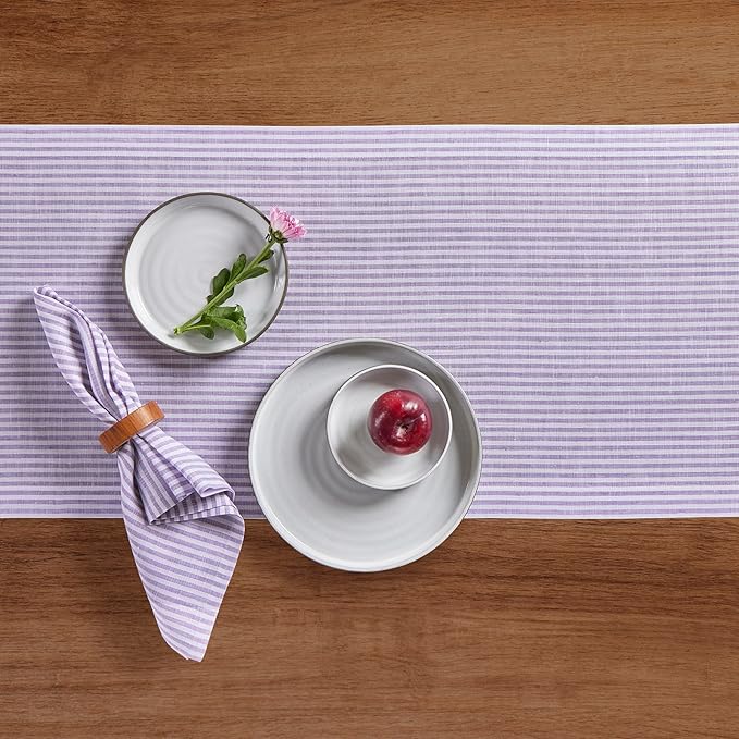 Solino Home Linen Table Runner 108 Inches Long - Narrow Stripe, 100% Pure Linen Lavender and White Table Runner 14 x 108 Inch for Dining, Valentines, Spring, Easter