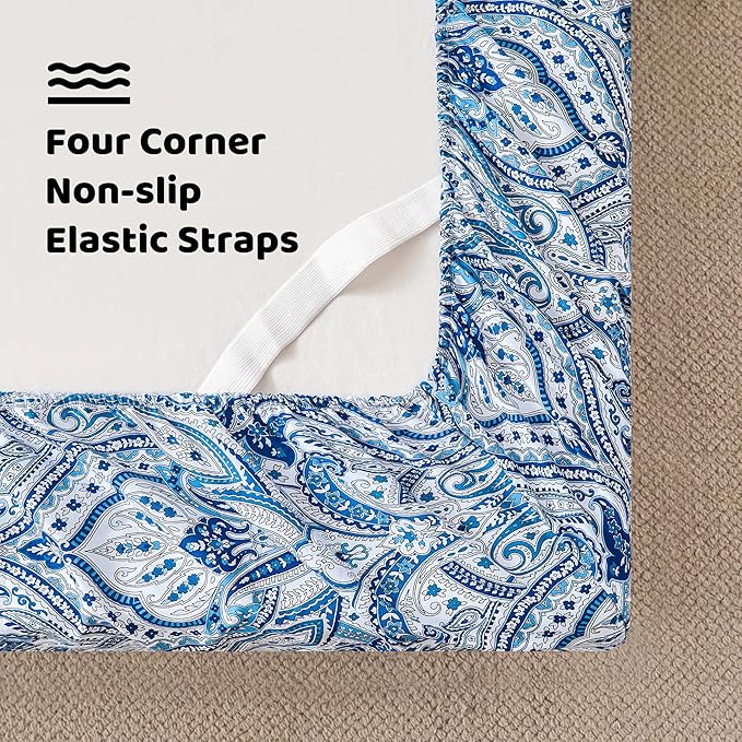 Softan Blue Twin Size Sheet Set, Paisley Printed Bed Sheets for Single Bed, 3-Piece Microfiber Fitted Sheet with 15" Deep Pocket & Non-Slip Straps, Patterned Bedding Sheets & Pillowcase Set