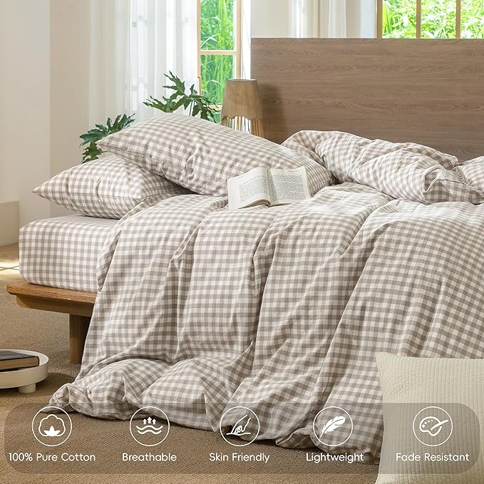 MooMee Gingham Duvet Cover Set 100% Washed Cotton Linen Like Textured Breathable Durable Soft Comfy Modern Checkered Design (Tannish Linen Grey Gingham, Twin 68"x90")
