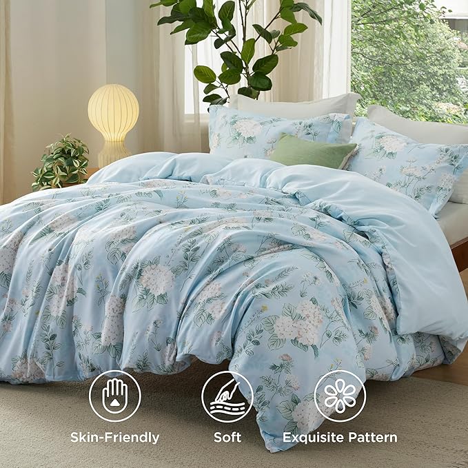 Bedsure Duvet Cover Queen Size - Reversible Cute Floral Duvet Cover Set with Zipper Closure, 3 Pieces Aqua Blue Bedding Set with 8 Corner Ties and 2 Pillow Shams 20"x26"