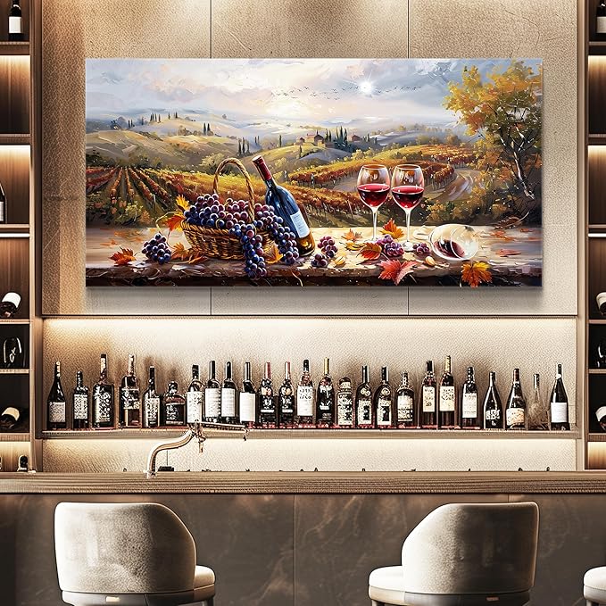 hyidecorart Farmhouse Rustic Wine Canvas Wall Art Dining Room Kitchen Still Life Painting, Vintage Restaurant Decoration, Colorful Artwork Prints for Bar Living Room Posters Wall Decor Hanging 20x40