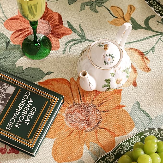 French Long Tablecloth for Rectangle Table,Linen Orange Floral Wrinkle Resistant Tablecloths,Decorative Table Cover for Kitchen,Dining,Tea Party,Thanksgiving,Christmas,63"*94"-Milch