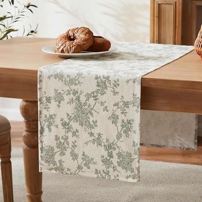 100% Cotton French Pastoral Table Runners, 13x36 Inch Green Farmhouse Table Runners 36 Inches Long, Vintage Flowers Print Home Decors