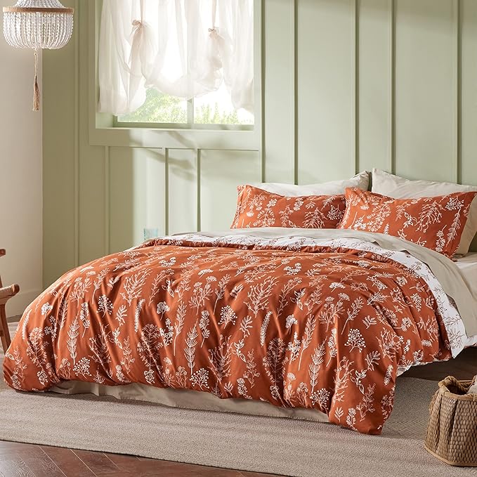 Bedsure Twin/Twin XL Comforter Set - Terracotta Bed Set, 2 Pieces Cute Floral Bedding, 1 Soft Reversible Botanical Flowers Comforter and 1 Pillow Sham