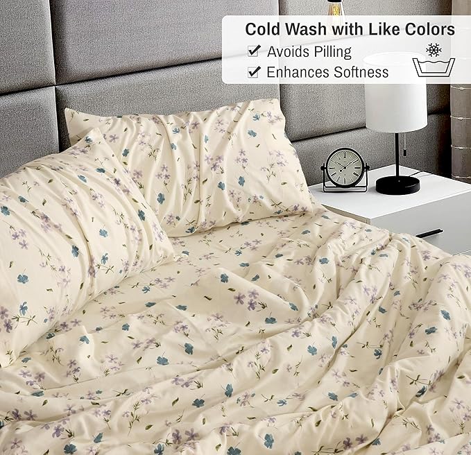 RUVANTI Flannel Sheets Twin XL Size - 100% Cotton Double Brushed Twin XL Sheet Sets, Deep Pockets 16 Inches, All Seasons Breathable & Extra Soft Bed Sheets, Warm & Cozy, 3 Piece, Jasmine Stamp Cream