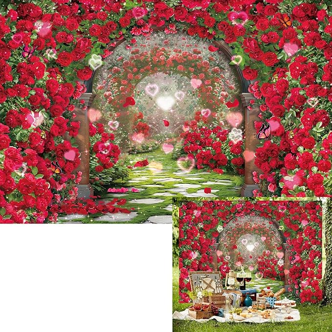 Valentines Day Flowers Garden Backdrops Red Rose Spring Floral Scene Photography Backdrop Girls Birthday Bridal Shower Wedding Party Decorations Banner Photo Booth Props (8x6FT(94 x 70 inch))