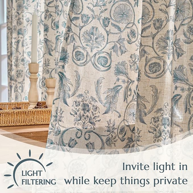 jinchan Linen Floral Curtains for Living Room with Printed Flower 63 Inches Long Light Filtering Farmhouse Window Treatment Vintage Short Drapes Back Tab Rod Pocket 2 Panels Blue on Beige