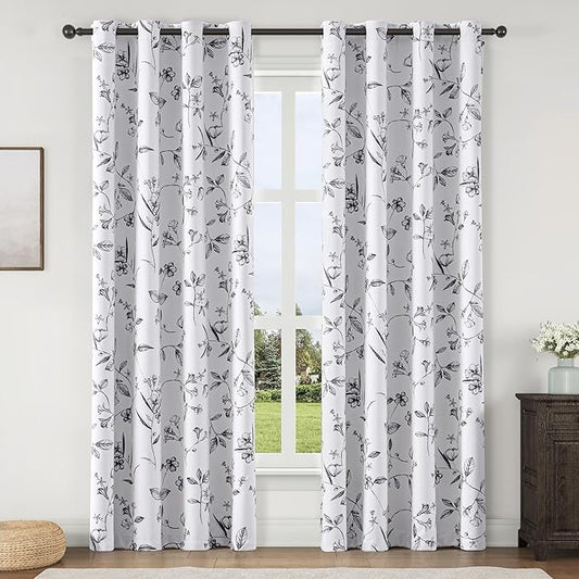 ChrisDowa 100% Blackout Floral Curtains 72 Inches Long 2 Panels for Bedroom Living Room Black Flower Patterned Room Darkening Thermal Insulated Soundproof Grommet Window Treatments Drapes,52X72