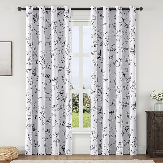 ChrisDowa 100% Blackout Floral Curtains 84 Inches Long 2 Panels for Bedroom Living Room Black Flower Patterned Room Darkening Thermal Insulated Soundproof Grommet Window Treatments Drapes,52X84