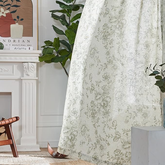 jinachan Pinch Pleated Curtains Floral Linen Blend Curtains for Living Room 63 Inch Length Christmas Green Peony Flower Printed Curtain Rod Pocket Back Tab Farmhouse Drapes with Hooks Set 2 Panels