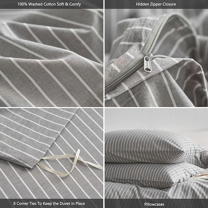 MooMee Striped Duvet Cover Set 100% Washed Cotton Linen Like Textured Breathable Durable Soft Comfy (Light Grey White Wide Stripes, Oversized King Plus 128"x120")