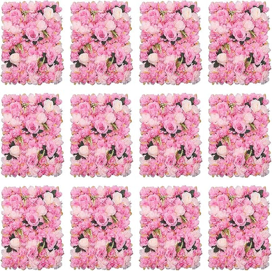 12pcs Flower Wall Panels 15.7“ x 23.6" Floral Wall Artificial Flower Backdrop for Wedding Party Photo Backgrounds Dark Pink