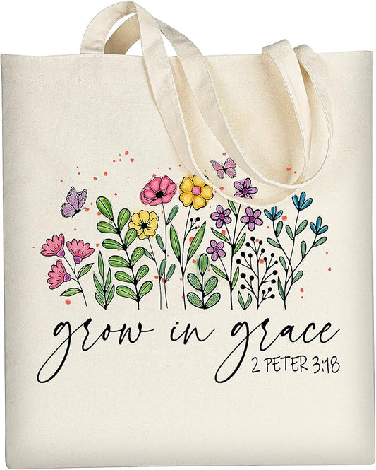AUSVKAI Cute Canvas Tote Bag Aesthetic For Women Grocery Bag Cotton Beach Totes Gift For Grow in Grace