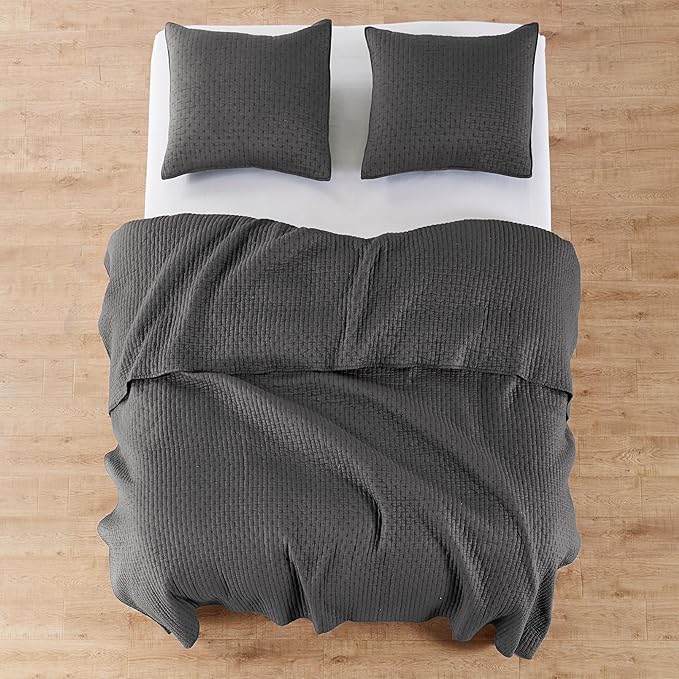 Levtex Home Cross Stitch Reversible Queen Bedspread Set (104x106in) with 2 Pillow Shams (26x20in) - Stitch Texture - Charcoal - Cotton Queen Size Bedspread Set - Lightweight, Soft, Pre-Washed